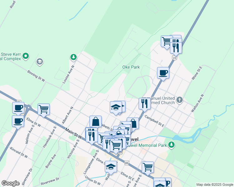 map of restaurants, bars, coffee shops, grocery stores, and more near 583 Barber Avenue North in Listowel