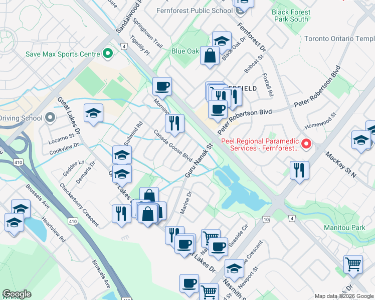 map of restaurants, bars, coffee shops, grocery stores, and more near 7 Anglers Catch Lane in Brampton