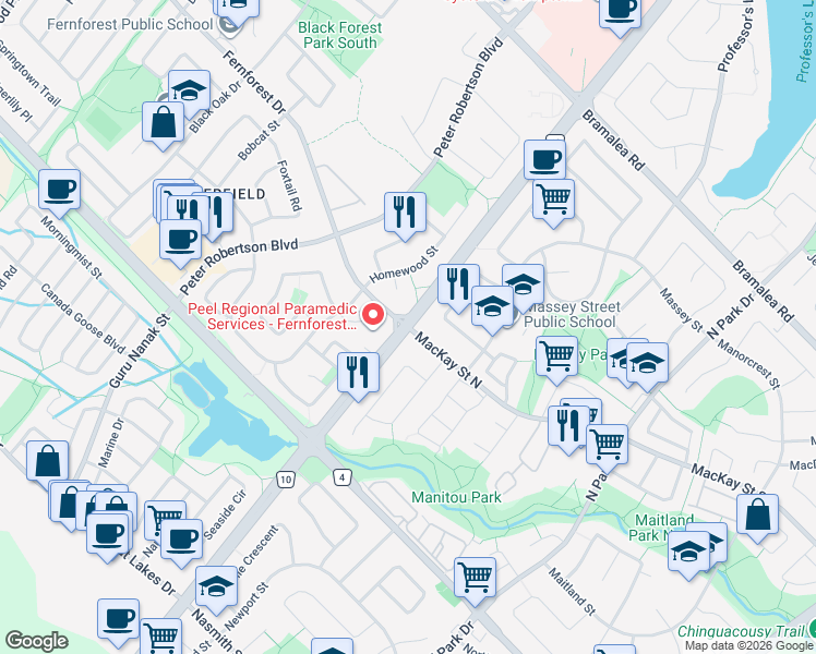 map of restaurants, bars, coffee shops, grocery stores, and more near Bovaird Drive East & Fernforest Drive in Brampton