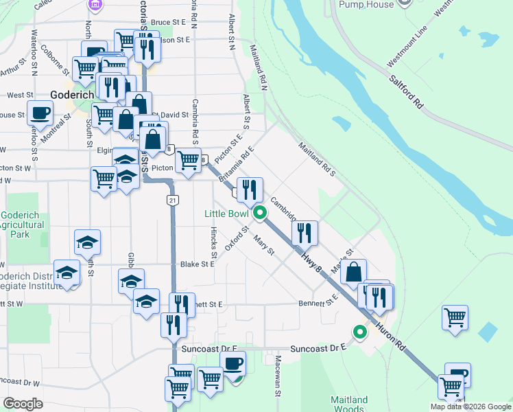 map of restaurants, bars, coffee shops, grocery stores, and more near 181 Oxford Street in Goderich