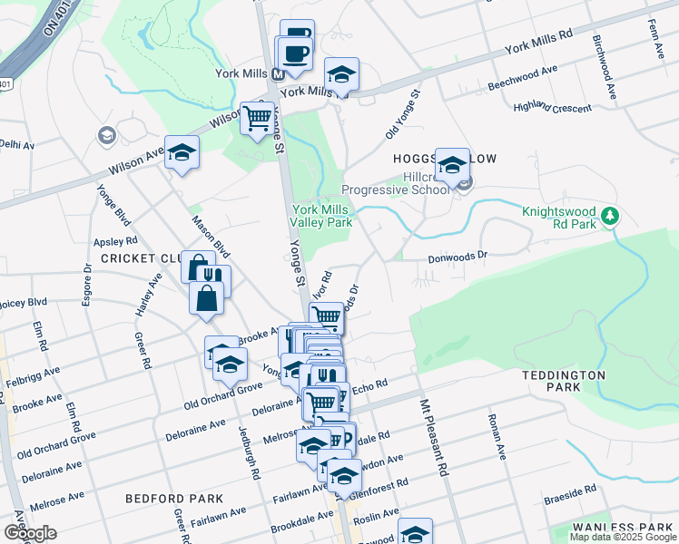 map of restaurants, bars, coffee shops, grocery stores, and more near 19 Ivor Road in Toronto