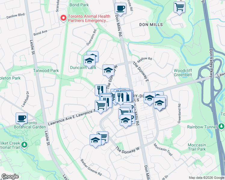 map of restaurants, bars, coffee shops, grocery stores, and more near 215 The Donway West in Toronto