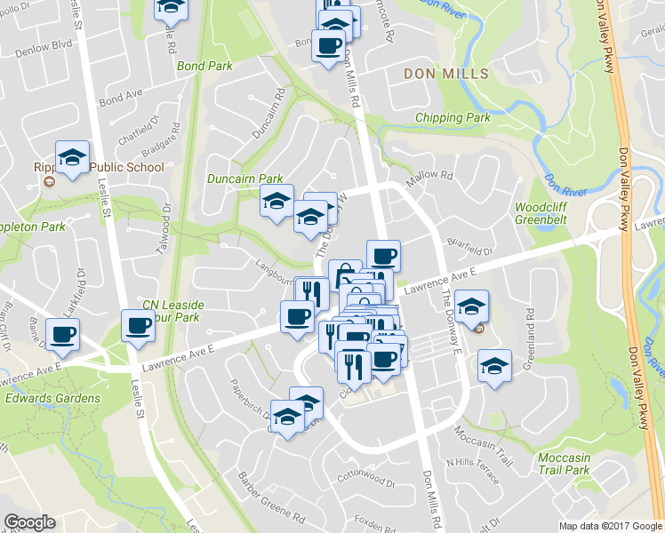 map of restaurants, bars, coffee shops, grocery stores, and more near 225 The Donway West in Toronto