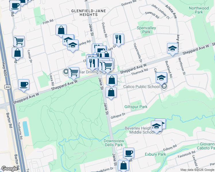 map of restaurants, bars, coffee shops, grocery stores, and more near 2645 Jane Street in Toronto