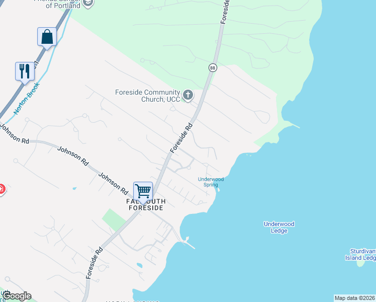 map of restaurants, bars, coffee shops, grocery stores, and more near 319 Foreside Road in Falmouth