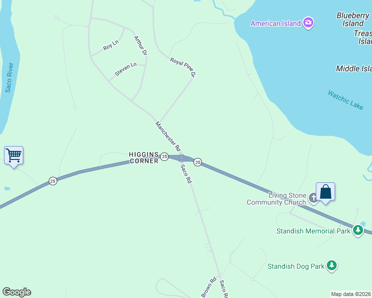 map of restaurants, bars, coffee shops, grocery stores, and more near 90 Saco Road in Standish