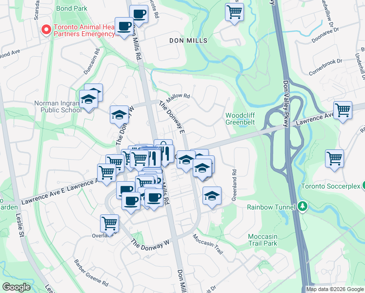 map of restaurants, bars, coffee shops, grocery stores, and more near 1004 Lawrence Avenue East in Toronto