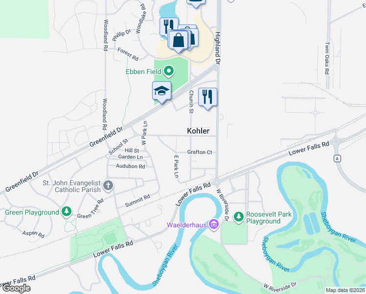 map of restaurants, bars, coffee shops, grocery stores, and more near 215 School Street in Kohler