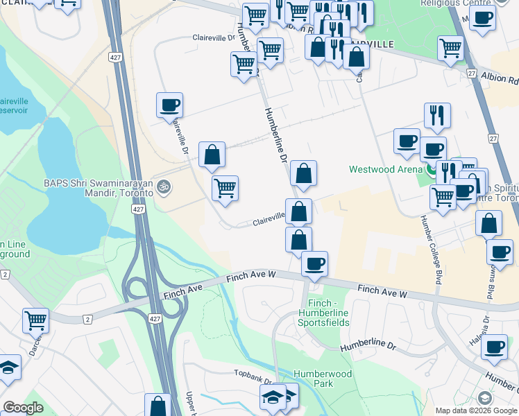map of restaurants, bars, coffee shops, grocery stores, and more near 26 Claireville Drive in Toronto