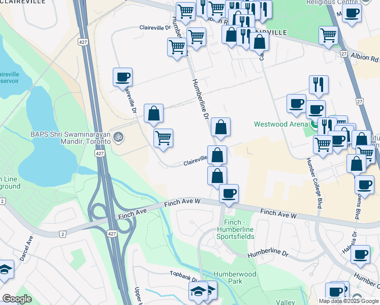 map of restaurants, bars, coffee shops, grocery stores, and more near 26 Claireville Drive in Toronto