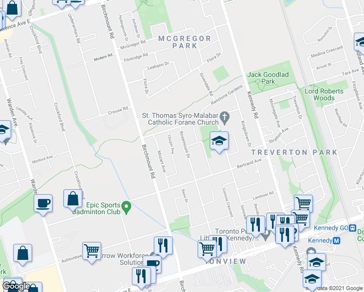 map of restaurants, bars, coffee shops, grocery stores, and more near 94 Rosemount Drive in Toronto