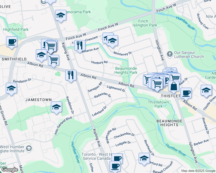 map of restaurants, bars, coffee shops, grocery stores, and more near Lightwood Drive in Toronto