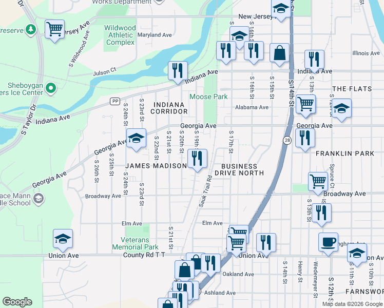 map of restaurants, bars, coffee shops, grocery stores, and more near 1447 South 20th Street in Sheboygan