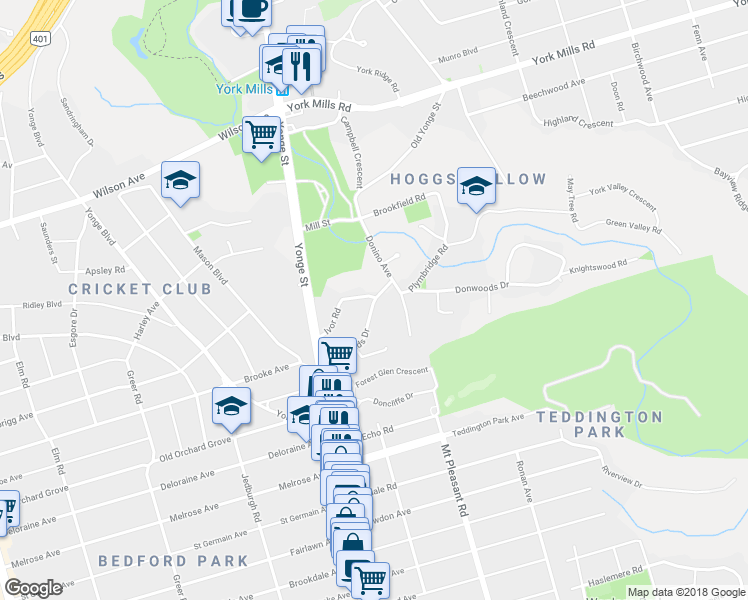 map of restaurants, bars, coffee shops, grocery stores, and more near 36 Donwoods Drive in Toronto