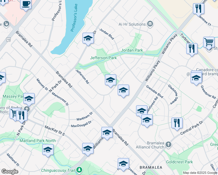 map of restaurants, bars, coffee shops, grocery stores, and more near 48 Jefferson Road in Brampton