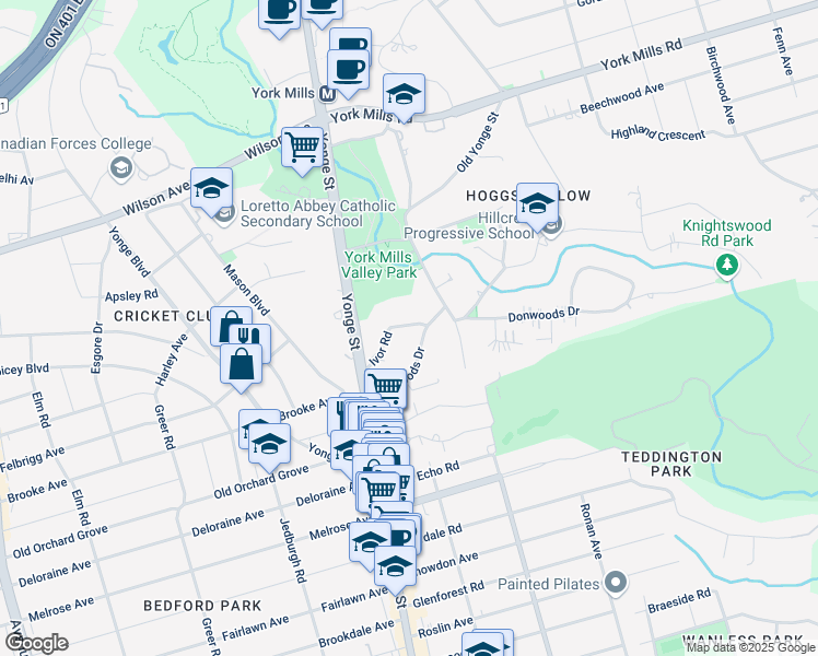 map of restaurants, bars, coffee shops, grocery stores, and more near 23 Ivor Road in Toronto