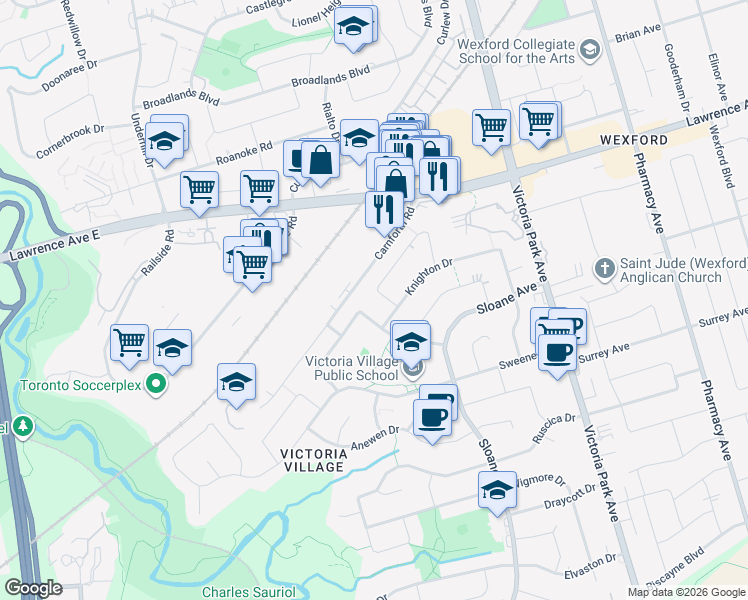 map of restaurants, bars, coffee shops, grocery stores, and more near 12 Murellen Crescent in Toronto