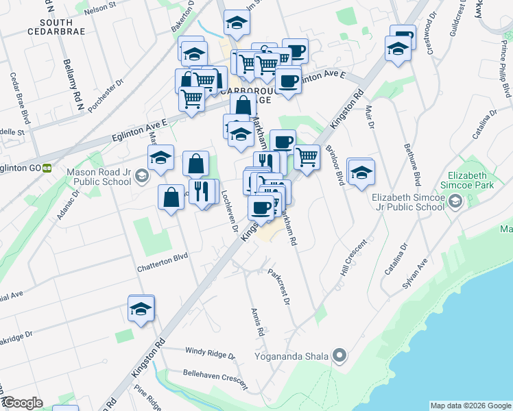 map of restaurants, bars, coffee shops, grocery stores, and more near 3452 Kingston Road in Toronto