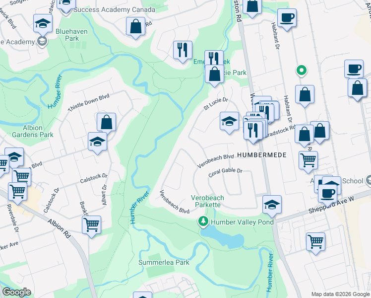 map of restaurants, bars, coffee shops, grocery stores, and more near 227 Verobeach Boulevard in Toronto