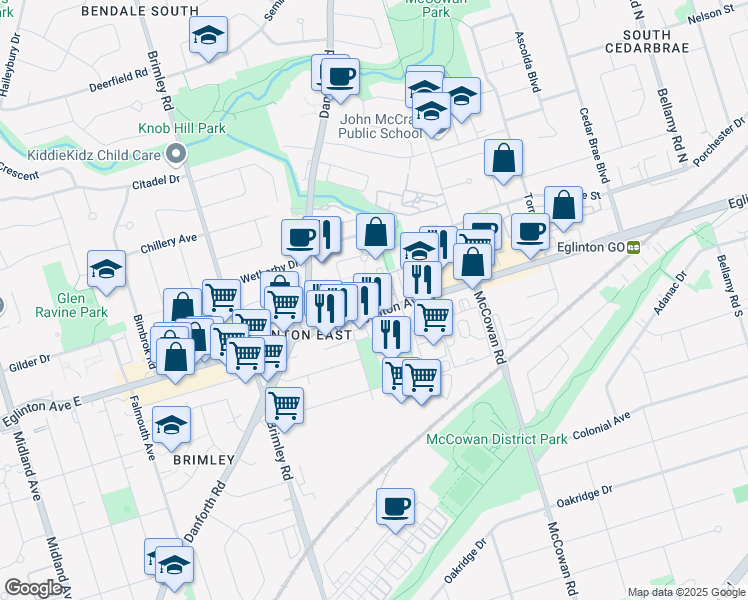 map of restaurants, bars, coffee shops, grocery stores, and more near 2794 Eglinton Avenue East in Toronto