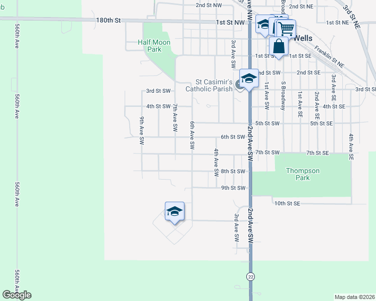 map of restaurants, bars, coffee shops, grocery stores, and more near 601 7th Street Southwest in Wells