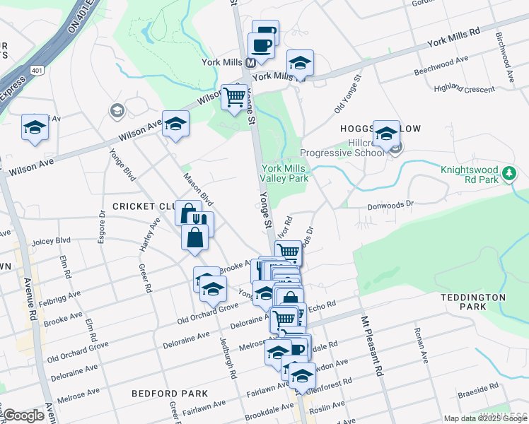 map of restaurants, bars, coffee shops, grocery stores, and more near 3600 Yonge Street in Toronto