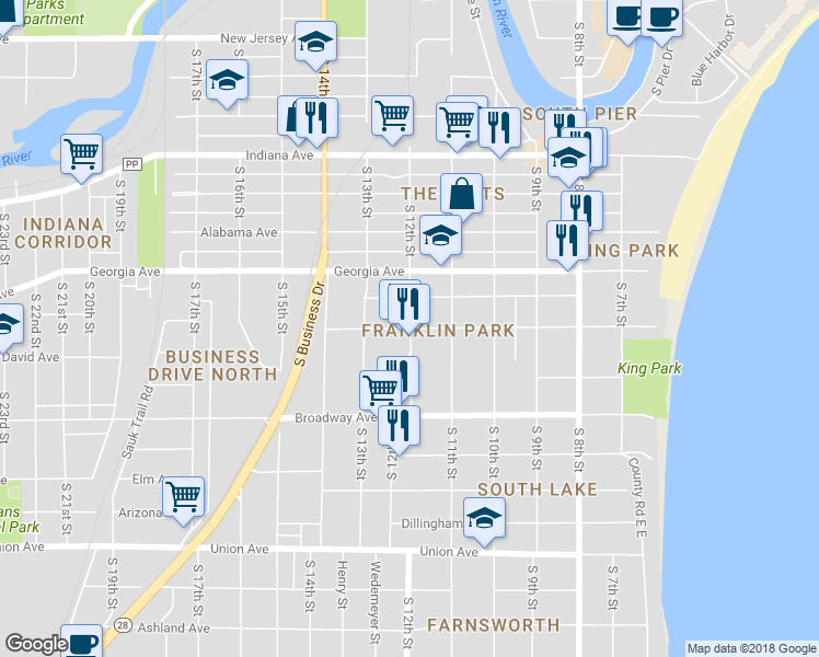 map of restaurants, bars, coffee shops, grocery stores, and more near 1498 South 12th Street in Sheboygan