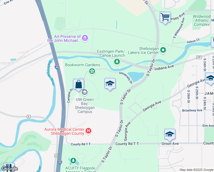 map of restaurants, bars, coffee shops, grocery stores, and more near 3323 University Dr in Sheboygan