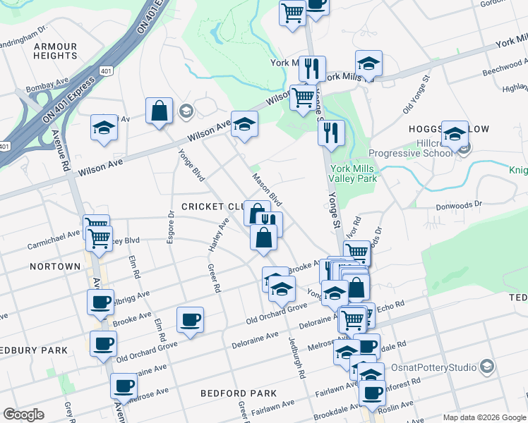 map of restaurants, bars, coffee shops, grocery stores, and more near 43 De Vere Gardens in Toronto
