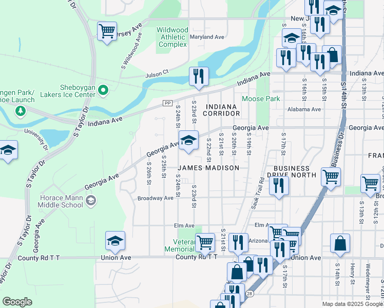 map of restaurants, bars, coffee shops, grocery stores, and more near 2302 David Avenue in Sheboygan