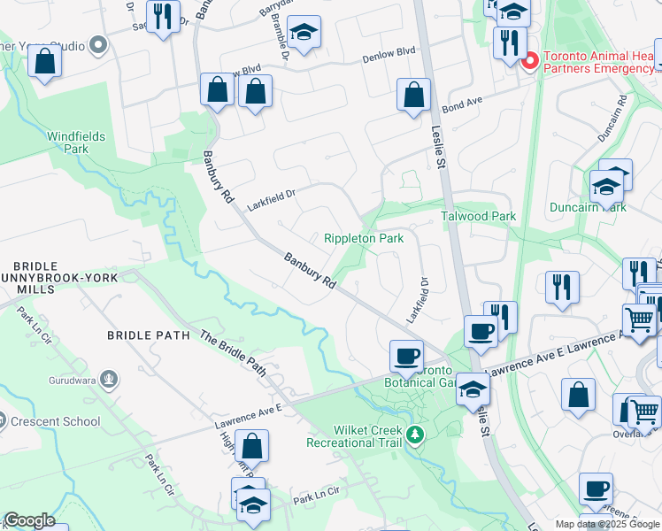 map of restaurants, bars, coffee shops, grocery stores, and more near 3 Greengate Road in Toronto