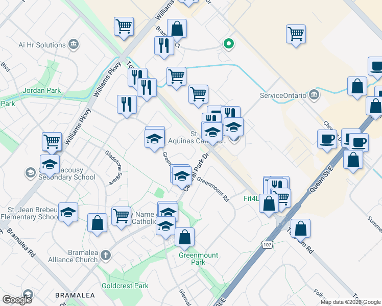 map of restaurants, bars, coffee shops, grocery stores, and more near 21 Gondola Crescent in Brampton