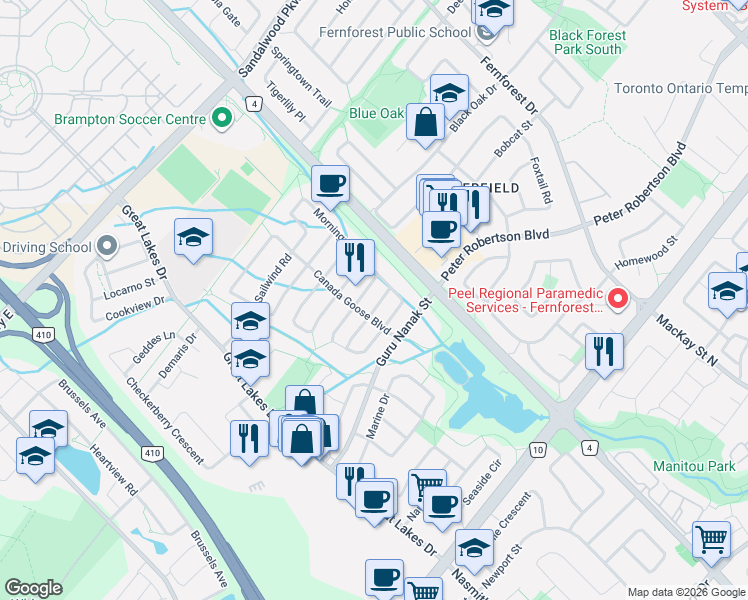 map of restaurants, bars, coffee shops, grocery stores, and more near 12 Anglers Catch Lane in Brampton