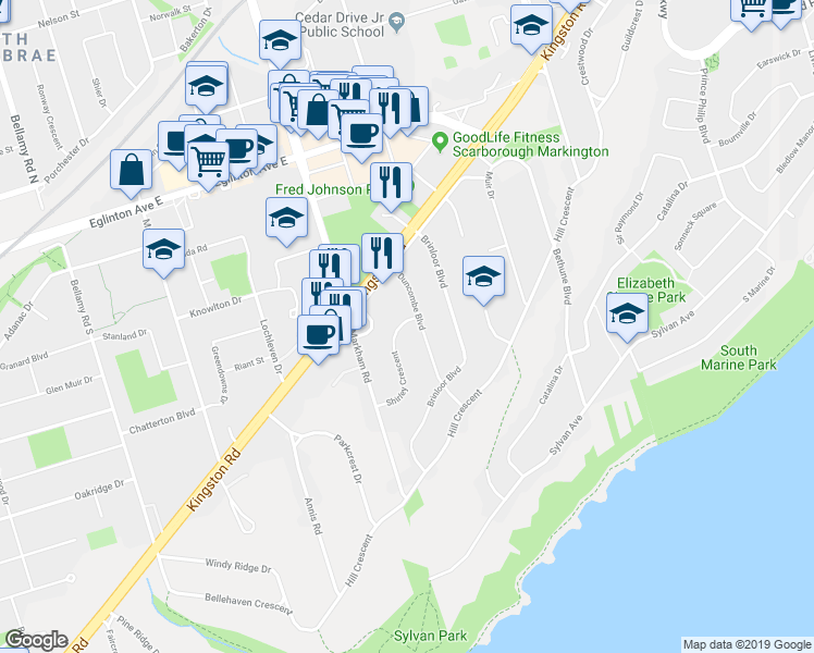 map of restaurants, bars, coffee shops, grocery stores, and more near 37 Shirley Crescent in Toronto