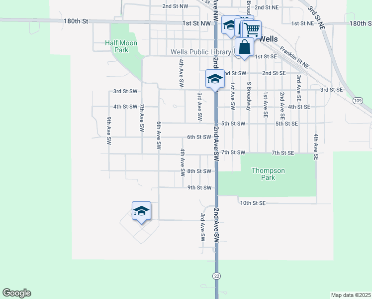 map of restaurants, bars, coffee shops, grocery stores, and more near 380 6th Street Southwest in Wells