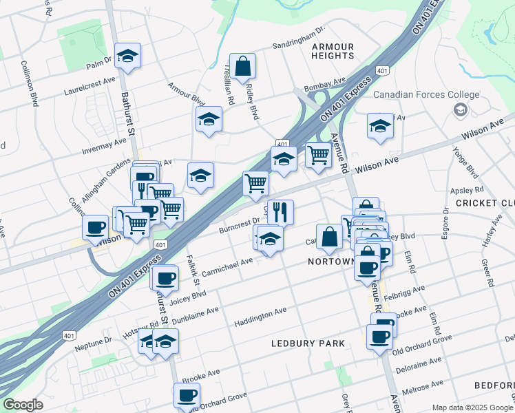 map of restaurants, bars, coffee shops, grocery stores, and more near 219 Wilson Avenue in Toronto