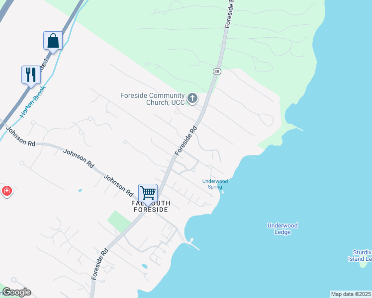 map of restaurants, bars, coffee shops, grocery stores, and more near 319 Foreside Road in Falmouth
