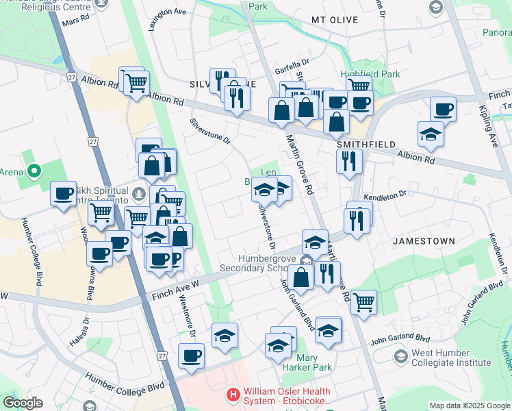 map of restaurants, bars, coffee shops, grocery stores, and more near 487 Silverstone Drive in Toronto