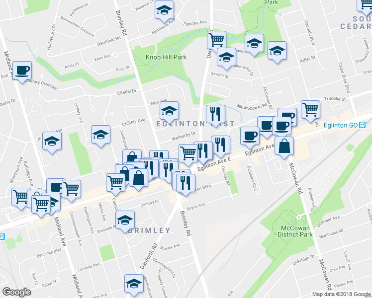 map of restaurants, bars, coffee shops, grocery stores, and more near 23 Shaddock Crescent in Toronto