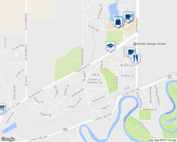 map of restaurants, bars, coffee shops, grocery stores, and more near 536 School Street in Kohler