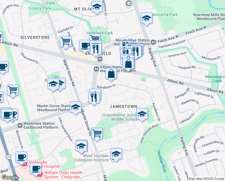 map of restaurants, bars, coffee shops, grocery stores, and more near 5 Davistow Crescent in Toronto