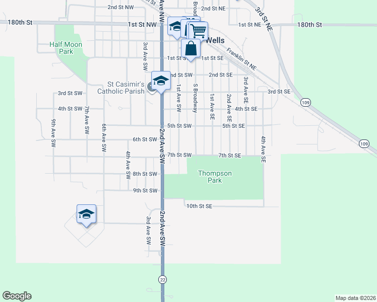 map of restaurants, bars, coffee shops, grocery stores, and more near 71 7th Street Southeast in Wells