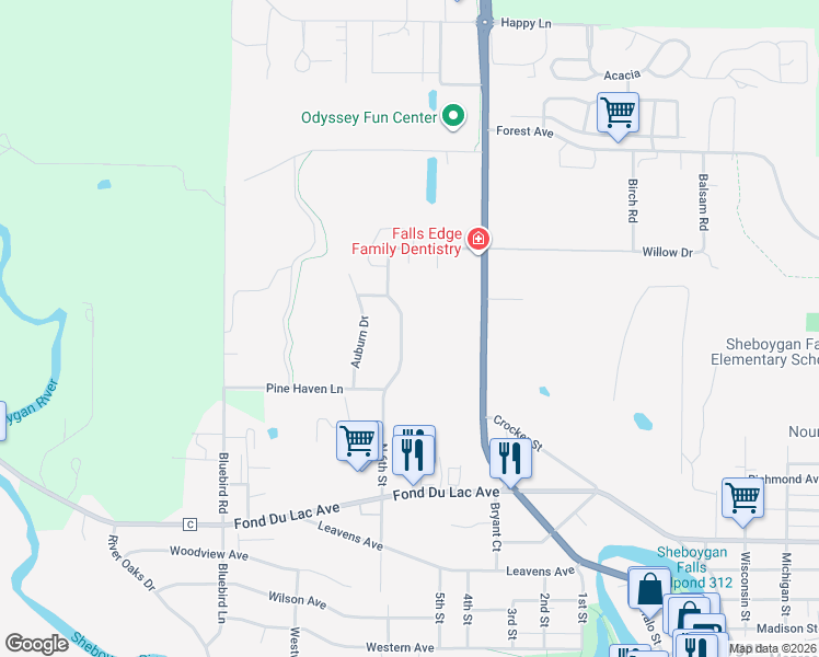 map of restaurants, bars, coffee shops, grocery stores, and more near 231 North 6th Street in Sheboygan Falls