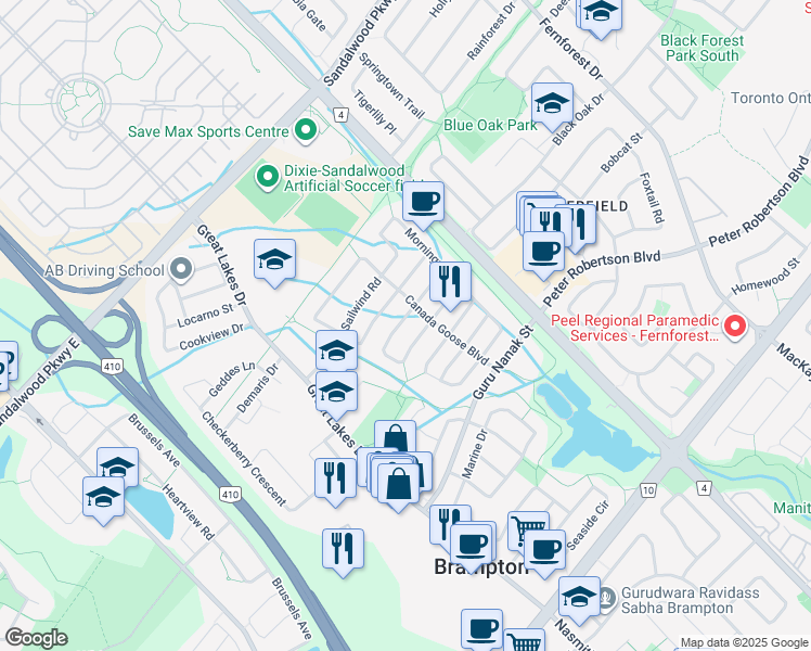 map of restaurants, bars, coffee shops, grocery stores, and more near 67 Pacific Wind Crescent in Brampton