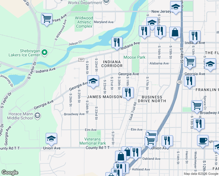 map of restaurants, bars, coffee shops, grocery stores, and more near 1450 South 21st Street in Sheboygan