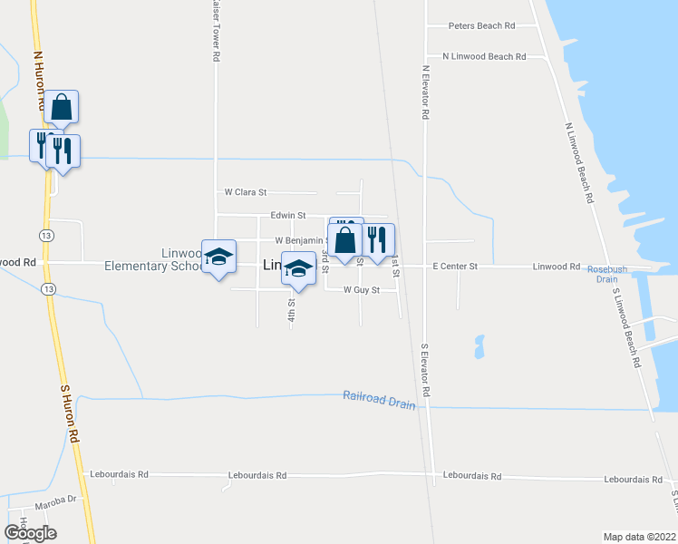 map of restaurants, bars, coffee shops, grocery stores, and more near 213 West Center Street in Linwood