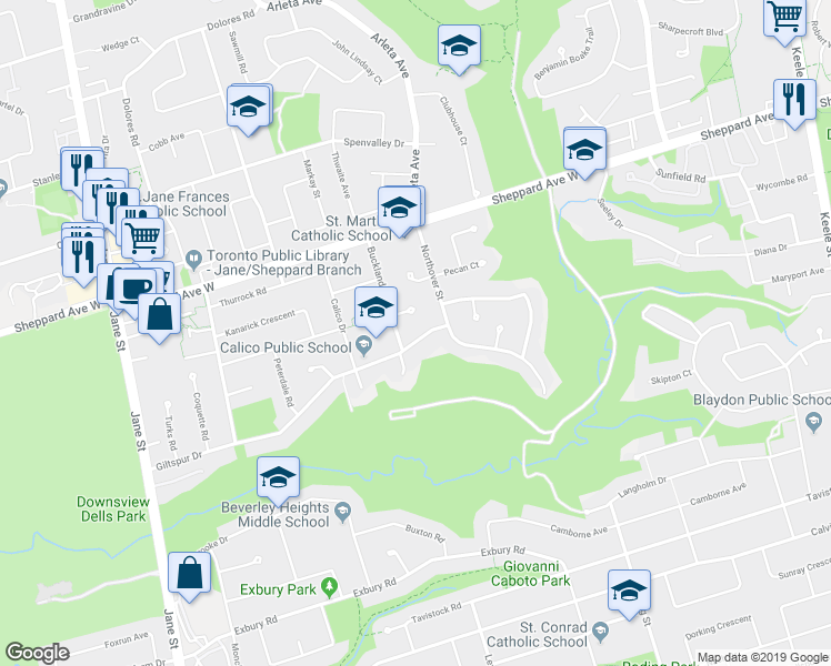 map of restaurants, bars, coffee shops, grocery stores, and more near 194 Giltspur Drive in Toronto
