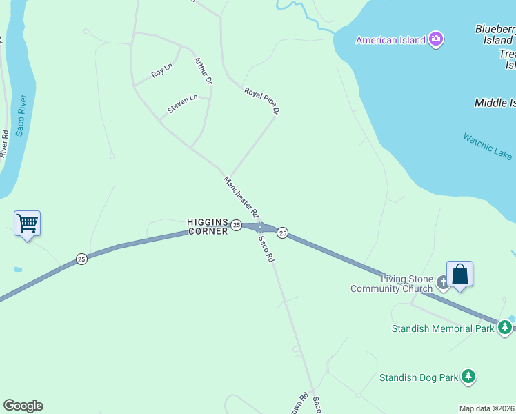 map of restaurants, bars, coffee shops, grocery stores, and more near 90 Saco Road in Standish
