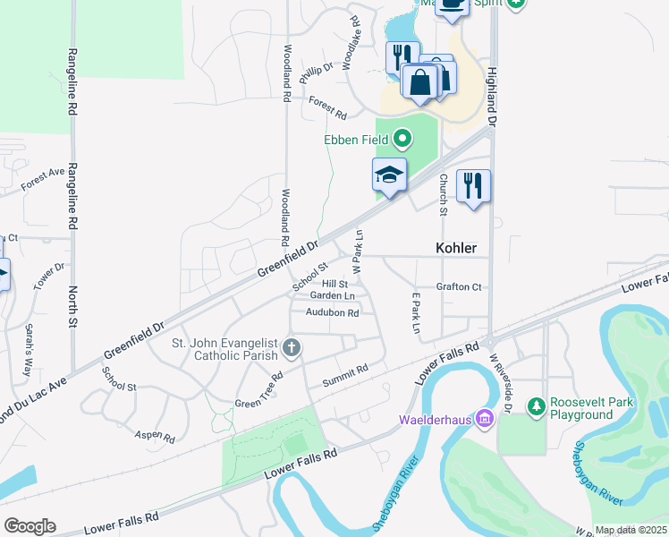map of restaurants, bars, coffee shops, grocery stores, and more near 509 School St in Kohler