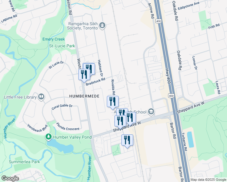 map of restaurants, bars, coffee shops, grocery stores, and more near 50 Rivalda Road in Toronto